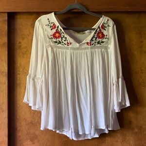 FLOWER EMBROIDERED FLOWING BLOUSE WITH TASSLE TIES